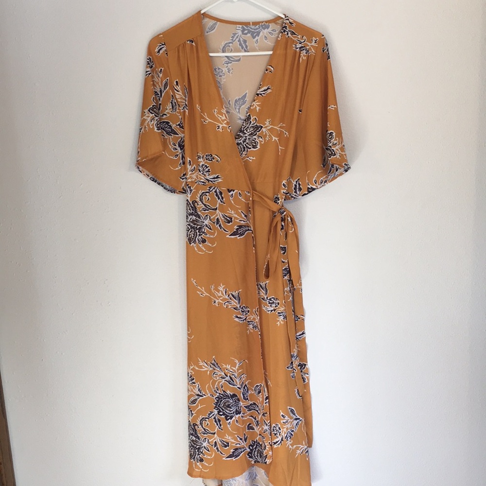 Mustard yellow & blue floral wrap dress